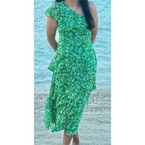 ASTR The Label One Shoulder Green Floral Midi Dress